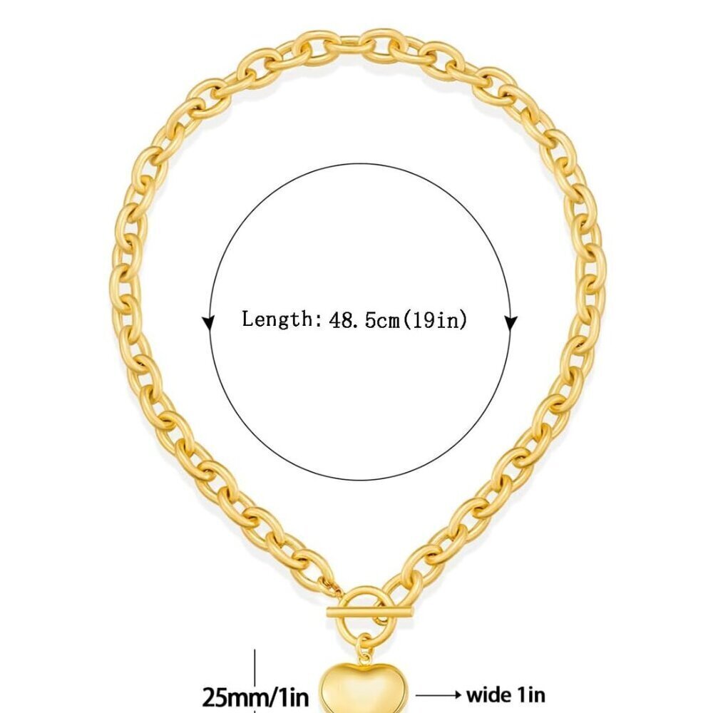 Gold Chunky Chain Necklace Women Puffy Heart Pendant Brass 19 Inch - Picture 6 of 8